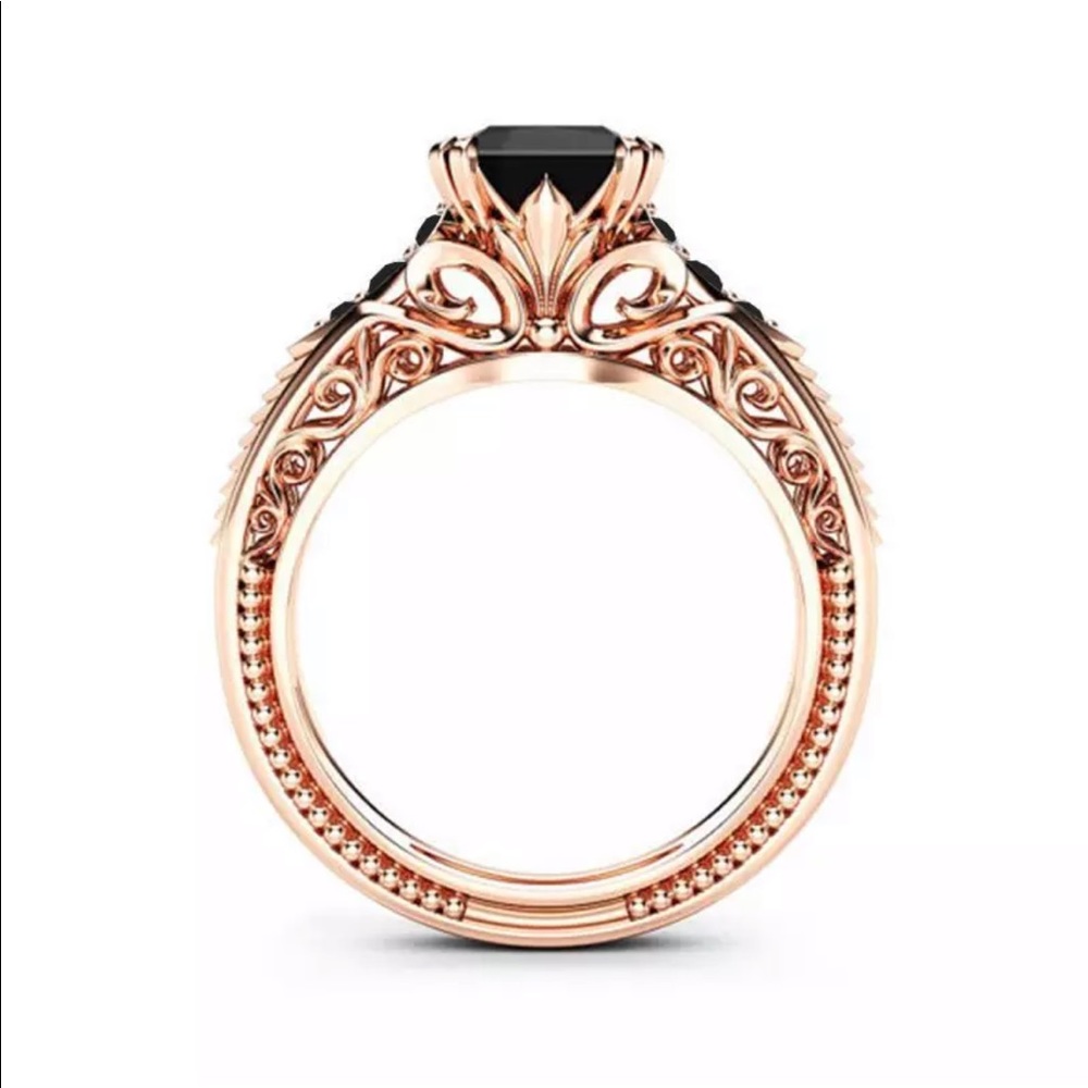 New Rose Gold 925 Sterling Silver Black Princess Cut Zircon Ring - Picture 3 of 5